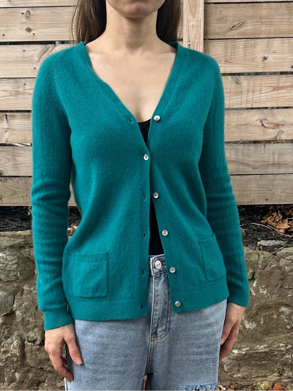 Lands’ End Women’s 100% Cashmere V-Neck Button Cardigan Teal Green Size M